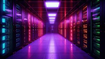 Generative AI, Data Center, modern high technology server room in purple neon colors. Modern telecommunications, cloud computing, artificial intelligence, database. photo