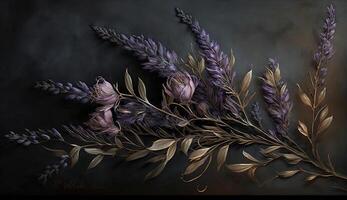 Generative AI, Close up of blooming flowerbeds of amazing lavender purple flowers on dark moody floral textured background. Photorealistic effect. photo