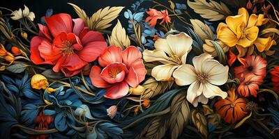 Generative AI, Tropical jungle backgroud with exotic Bali flowers and leaves, 3d effect photo