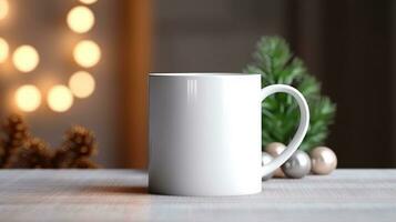 Generative AI, White ceramic cup set-up in at home interior, mug mock up blank. photo