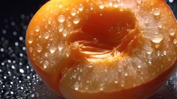 , bright slice of juicy ripe apricot and water drops, macro of summer fruit photo