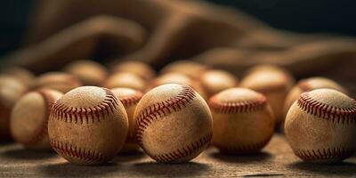 Generative AI, Rough and rugged texture of old baseball balls close up on vintage background photo