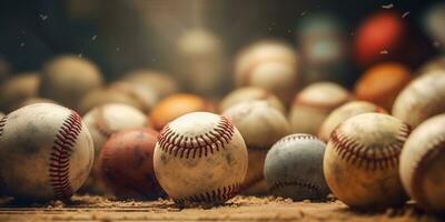 generativo ai, áspero y escabroso textura de antiguo béisbol pelotas cerca arriba en Clásico antecedentes foto