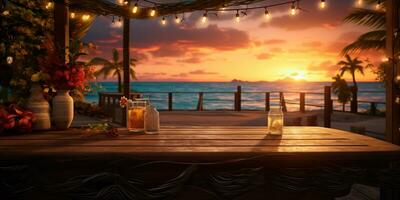 Generative AI, Tropical summer sunset beach bar background. Outdoor restaurant, Led light candles and wooden tables, chairs under beautiful sunset sky, sea view. photo