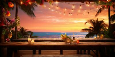 Generative AI, Tropical summer sunset beach bar background. Outdoor restaurant, Led light candles and wooden tables, chairs under beautiful sunset sky, sea view. photo