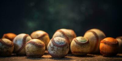 generativo ai, áspero y escabroso textura de antiguo béisbol pelotas cerca arriba en Clásico antecedentes foto