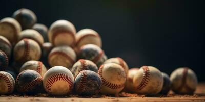 Generative AI, Rough and rugged texture of old baseball balls close up on vintage background photo