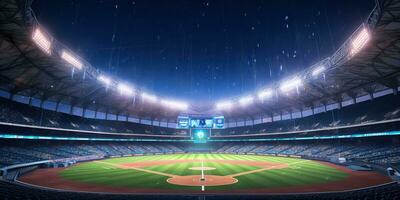 generativo ai, profesional béisbol grandioso estadio, moderno público deporte edificio, arena en noche foto