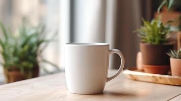 Generative AI, White ceramic cup set-up in at home interior, mug mock up blank. photo