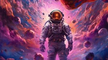 , Psychedelic Space banner template, nostalgic 80s, 90s background. Horizontal illustration of the future landscape with mountains, planets, trees, moon. Surrealist escapism concept. photo