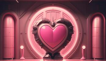 Generative AI, Futuristic space ship room with pink heart in cyberpunk style illustration. Love, feelings, romantic St. Valentine's Day concept. Sci-fi, realistic 3d effect. photo