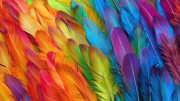 Generative AI, Beautiful rainbow colorful closeup feathers, photorealistic background, top view, aerial view. Small fluffy, inspired by Andreas Gursky and Andy Goldsworthy photo