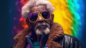 generativo ai, africano americano gracioso contento antiguo Jubilación hombre de cerca retrato, vistiendo lentes y moderno de moda ropa foto