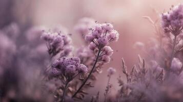 generativo ai, cerca arriba creciente lavanda campo con perfume fumar, floración lavándula, rosado púrpura flores y césped. foto