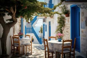 griego cultura con tradicional blanco y azul griego arquitectura, taberna foto