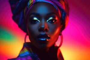 Blsck woman portrait on abstract colorful background. photo