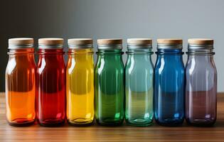 Colored glass jars on a white desktop in the style of colorful animation frames. AI Generated photo