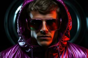 Neon portrait of young man in round sunglasses and hoodie. Studio shot. AI Generated photo