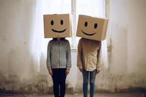 Man and woman with cardboard boxes on head. photo