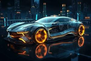 futurista deporte coche con brillante LED luces. generativo ai foto