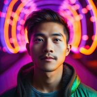 Asian man portrait on abstract colorful background. Generative AI photo