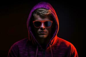 Neon portrait of young man in round sunglasses and hoodie. Studio shot. AI Generated photo