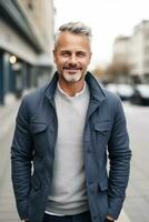 Portrait of an handsome mature man in casual attire on a city street. AI Generated photo