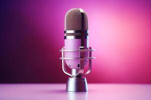 Professional microphone with pink purple background banner, Podcast or recording studio. photo