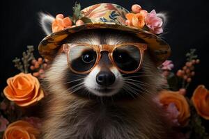 Funny party raccoon wearing colorful summer hat and stylish sunglasses. photo