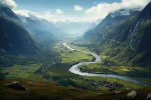 Green valley with beatiful view on river and mountains. photo
