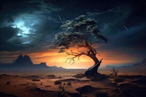 Lonely dried tree in desert landscape at starry night. Generative AI photo