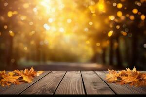 Autumn background with wooden table and colored fall leaves. Generative AI photo