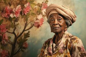 Creative stylish portrait of elderly black woman. Generative AI photo