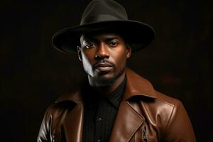 Portrait of a dark-skinned handsome man looking to the side. Dressed in a brown jacket and black hat. Portrait on black background. AI Generated photo
