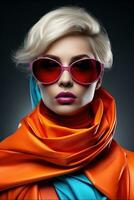 Portrait of fashion caucasian model, in style of futurism fashion, saturated color . AI Generated photo