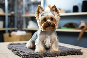 Yorkshire terrier with wool lying around him. AI Generated photo