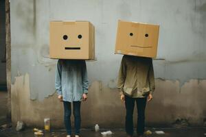 Man and woman with cardboard boxes on head. photo