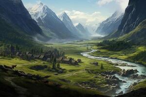 Green valley with beatiful view on river and mountains. photo