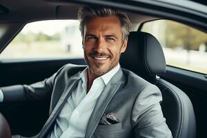 Attractive elegant happy man in good car. AI Generated photo