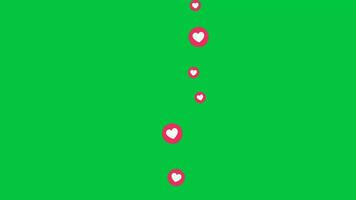 Facebook love reaction icon flying up animation, live stream video post love react viral video views increasing isolated on green screen background