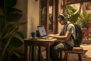 Male freelancer working in tropical landscape. Digital nomad. Generative AI photo