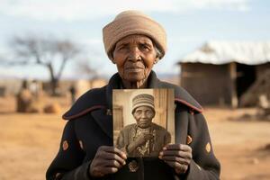 Elderly black woman holds an old photograph in her hands. Generative AI photo