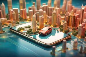 Virtual city and car in smartphone screen. Augmented reality. photo