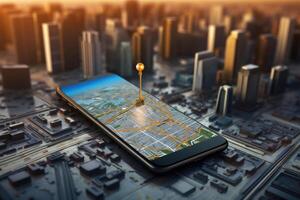 Smartphone with navigation system route at city background. photo