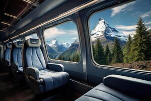 Empty train seats with snowy mountains landscape in window. Generative AI photo