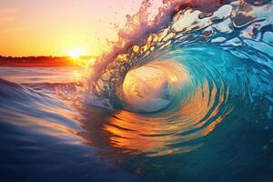 Large stormy ocean wave at sunset. photo