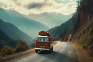 Retro van in mountain landscape. Road trip. Generative AI photo