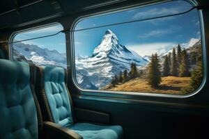 Empty train seats with snowy mountains landscape in window. Generative AI photo