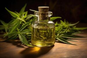 Cannabis leaves and extract oil in bottle.Light drugs for medicine. photo