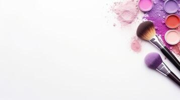 keep brush and decorative cosmetics on a white background. photo